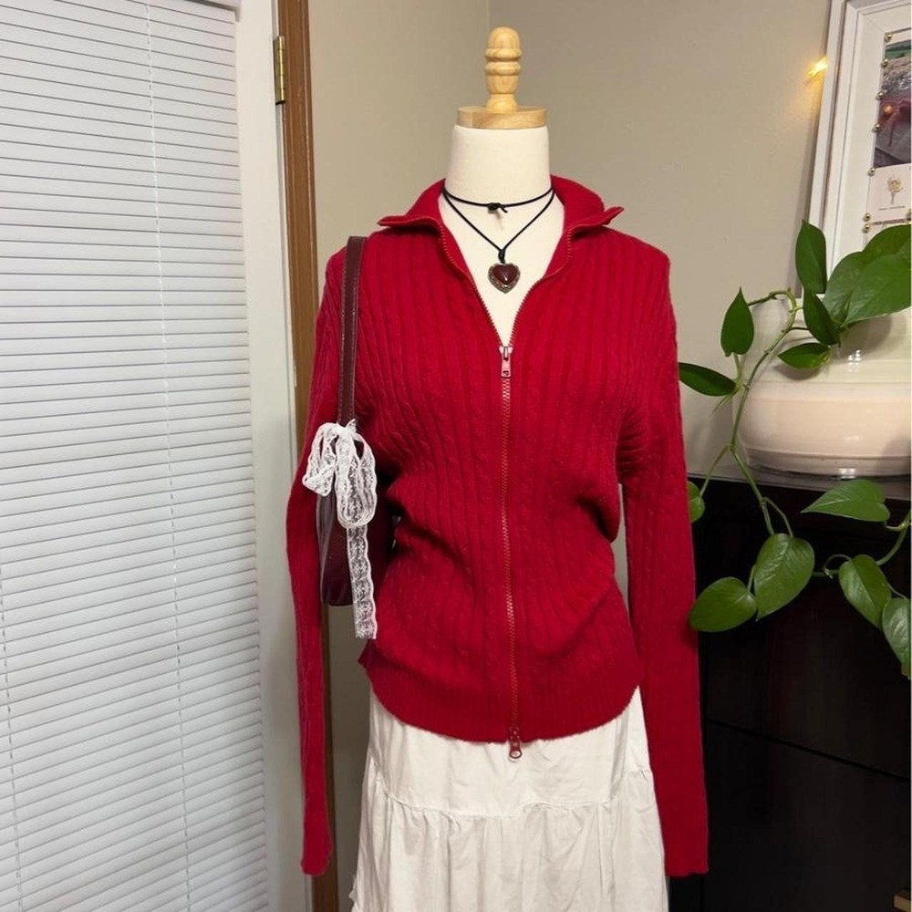 Vintage Faded Glory Red Full Zip Up Sweater Jacket Knit Size Large Y2K